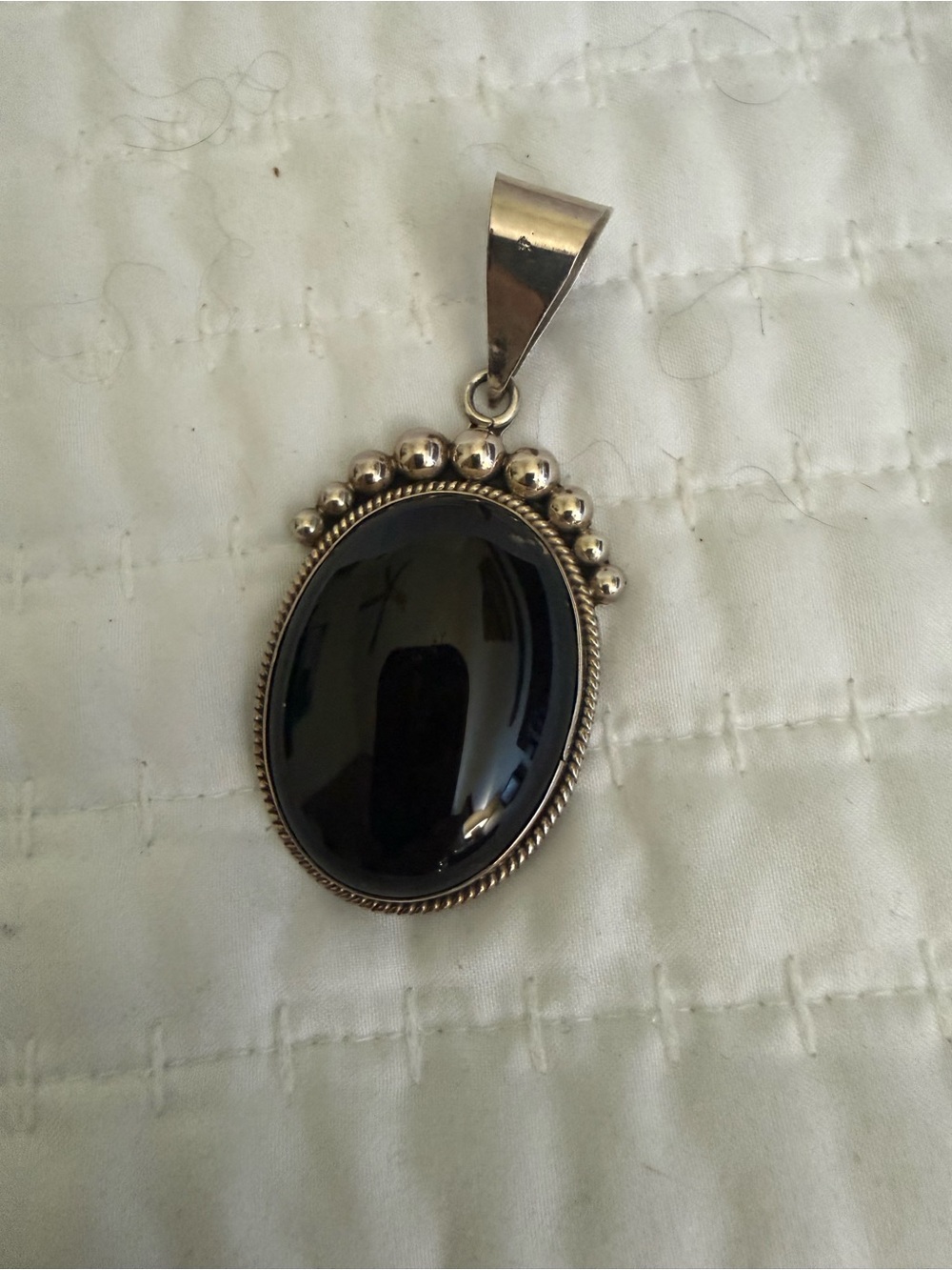 Sterling Silver Black Onyx Oval Pendant Necklace Mexico 925